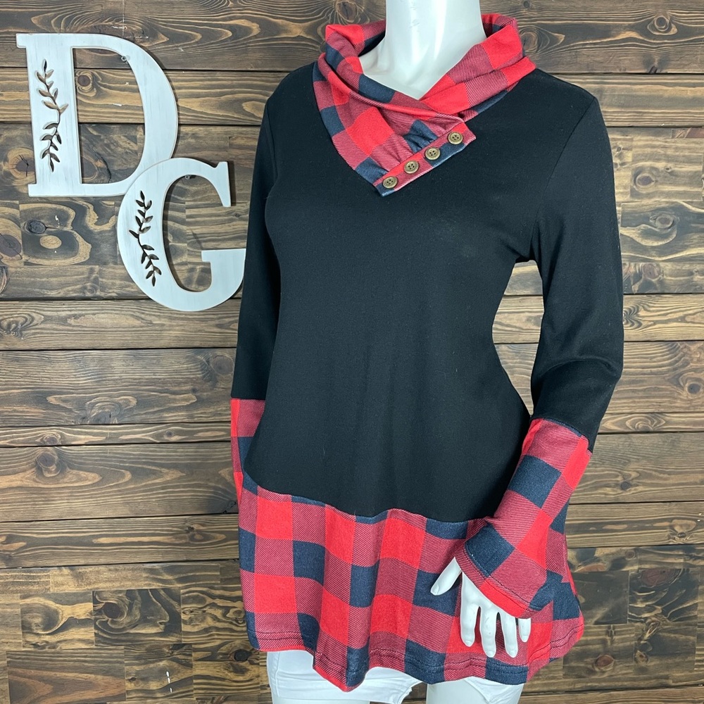 Miusey | Plaid Gingham Red‎ Black Checkered Cowl Neck Knit Sweater Tunic Top